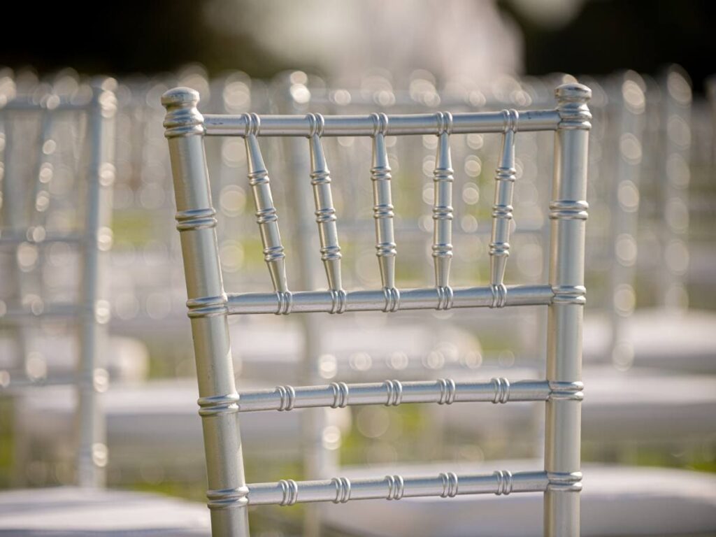 A steel-core resin chiavari chair in a outdoor event